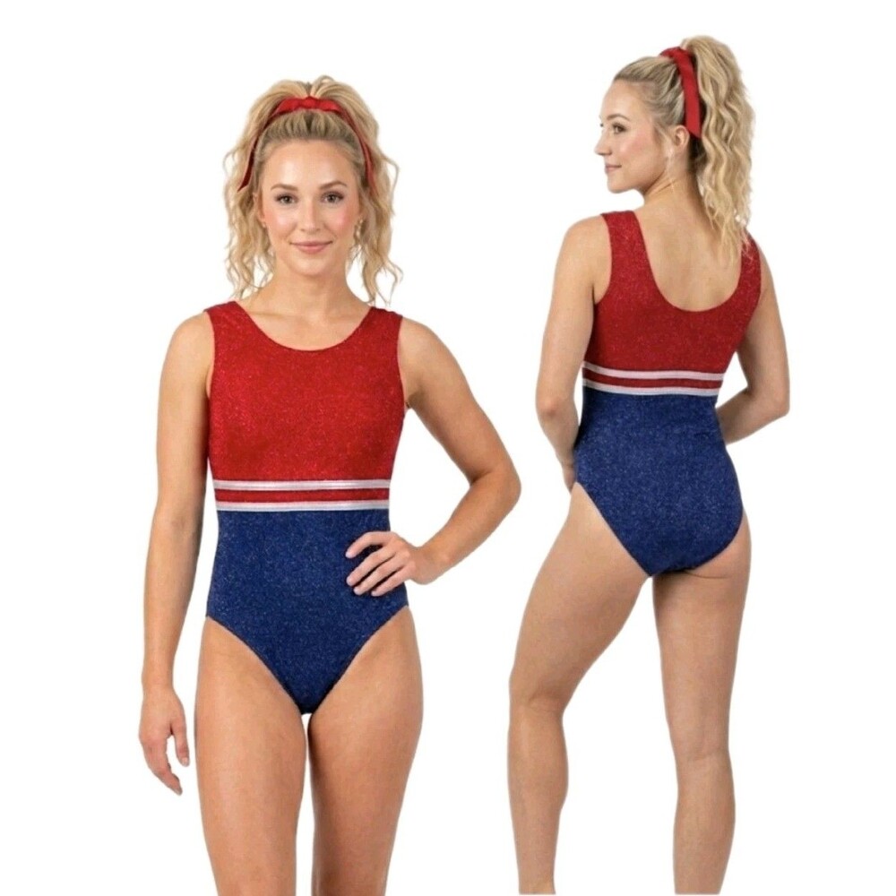 GK Elite VTG 90s Patriotic Red Silver Blue Foiled Tank Leotard Stretchy Size AL